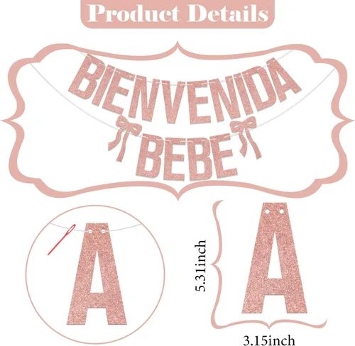 Miniatura 2 de Bienvenida Bebe Banner de bienvenida española para bebé, decoraciones mexicanas para baby shower, purpurina de oro rosa