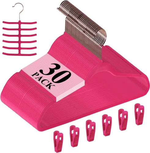 Miniatura 29 de VECELO Perchas de terciopelo de alta calidad resistentes (paquete de 60), antideslizantes y ahorran espacio con 8 clips para los dedos y soporte