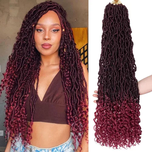 Miniatura 23 de Leeven 7 paquetes de rastas sintéticas con extremos rizados de 18 pulgadas, rastas de diosa preenrolladas para cabello de ganchillo, 84 hebras 1b#