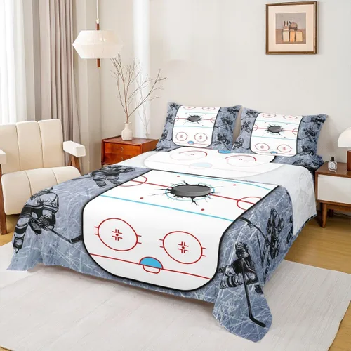 Miniatura 13 de Juego de sábanas de hockey sobre hielo, sábanas de discos de jugador de hockey para adolescentes y niñas, juego de ropa de cama de hockey para comer