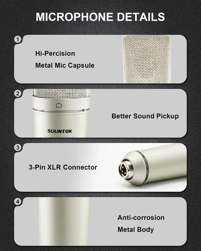 Miniatura 5 de SUUNTOK Micrófono XLR, Micrófono de condensador profesional con diafragma grande de 34mm, Micrófono de estudio cardioide para grabación TM87KB Kit