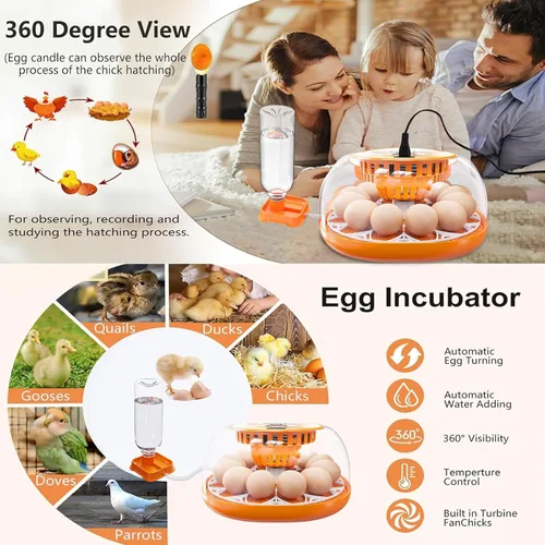 Miniatura 6 de Incubadora de 12 huevos con giro automático de huevos y control de temperatura, adición automática de agua, vela LED de huevos, incubadoras