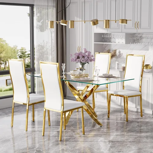 Miniatura 19 de Juego de mesa de comedor de cristal dorado moderno de 63 pulgadas para 6, juego de mesa de cocina rectangular de 7 piezas con patas de acero Negro