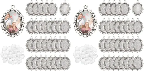 Miniatura 9 de PH PandaHall 60 piezas de bisel colgante en blanco – 30 bandejas colgantes ovaladas para fotos con 30 cabujones de cristal para bodas, novias, ramo