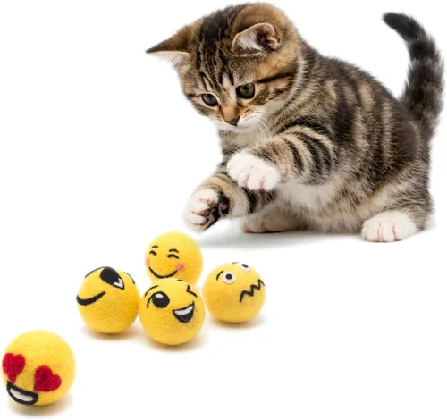 Miniatura 3 de Glaciart One Juguete de lana con emoji para gatos, 5 piezas con hierba gatera, enriquecimiento suave y mullido, juguete para gatos de fieltro 100%