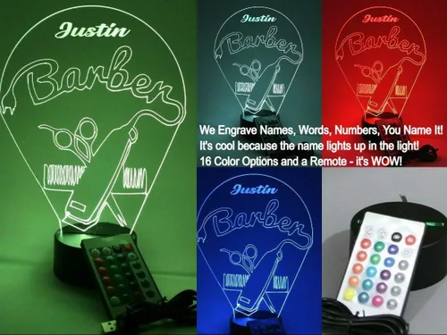 Miniatura 3 de Barbería peluquería corte peine silla tijeras afeitado hombres noche luz LED grabado personalizado nombre personalizado escritorio lámpara de mesa