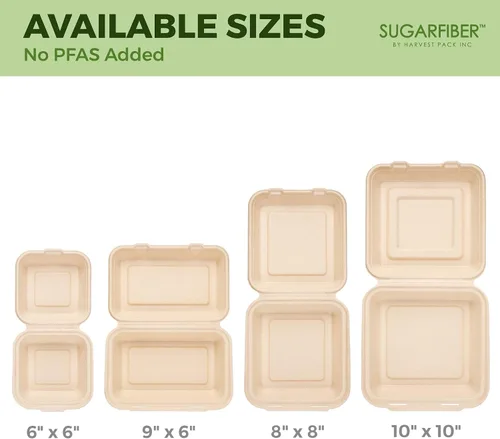 Miniatura 8 de [500 unidades] Fibra de azúcar por Harvest Pack PFAS FREE 6 x 6 pulgadas compostable Clamshell Recipientes de alimentos, contenedor con bisagras