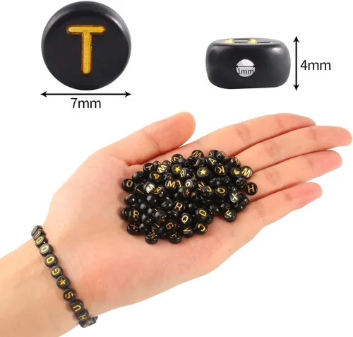 Miniatura 2 de 1400 cuentas negras de letras de 0.16 x 0.27 pulgadas (0.157 x 0.276 in), juego de cuentas de letras acrílicas doradas para hacer joyas