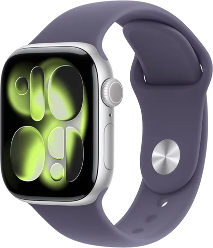 Apple Reloj inteligente de la serie 11 [GPS de 1.654 in] con caja de aluminio plateado con correa deportiva de niebla morada - S/M. Puntuación de