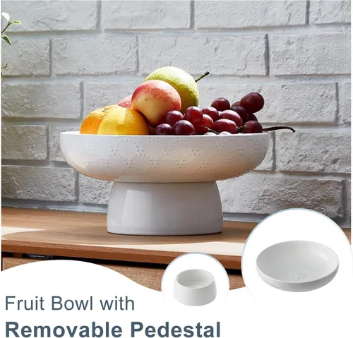 Miniatura 5 de ONEMORE Frutero de cerámica de 10 pulgadas, tazón grande de pedestal blanco con diseño de patas extraíbles y agujeros de drenaje para encimera