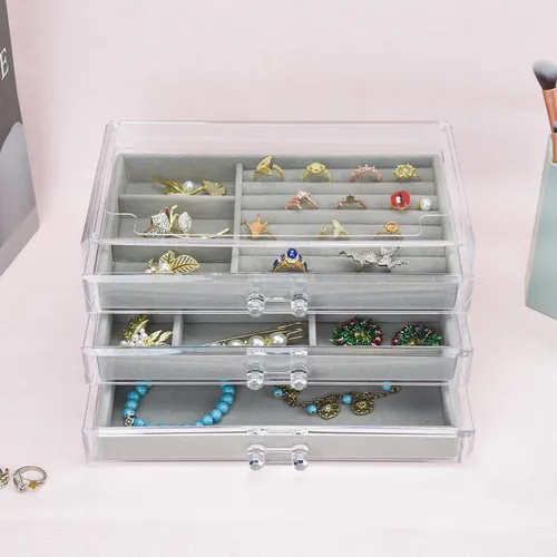 Miniatura 5 de Joyero acrílico con 3 cajones, organizador de joyas de terciopelo, aretes, anillos, collares, pulseras, vitrina, regalo para mujeres y niñas