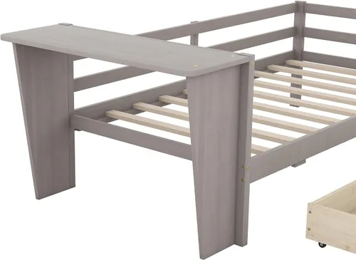 Miniatura 8 de Anwick Base de cama individual con escritorio y nido, sofá cama de madera con escritorio y estantes en forma de árbol verde, cama de plataforma