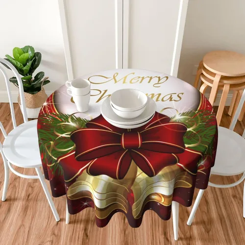 Miniatura 7 de Mantel redondo de 60 x 60 pulgadas con diseño de campanas de Navidad, de poliéster, resistente a las manchas y a las arrugas, mantel para cocina