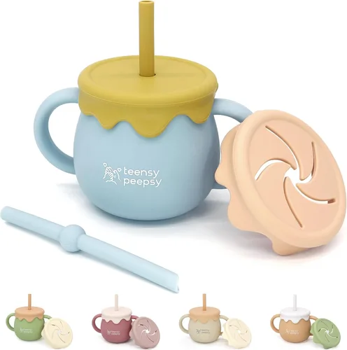 Tarro de Miel Pot 3 en 1 Taza de Entrenamiento de Silicona de 8.5oz, Taza para Sorber para Bebé con Popote y Tapa para Snacks para 6 meses+ Taza de