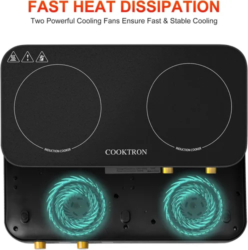 Miniatura 9 de COOKTRON Placa de inducción portátil de 2 quemadores con parrilla de hierro fundido removible antiadherente, placa de inducción doble de 1800W