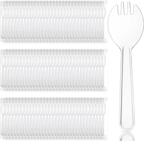 Miniatura 8 de Tioncy Juego de 150 tenedores desechables de plástico envueltos individualmente de 4.5 x 1.26 pulgadas, juego de tenedor y cuchara 2 en 1, Negro