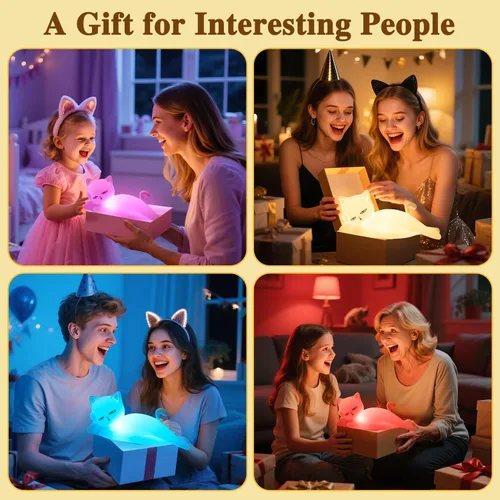 Miniatura 10 de Lámpara plana de gato Mubarek, regalos de gato, lámpara de silicona linda de 16 colores+5 atenuación, lámpara de noche recargable con control