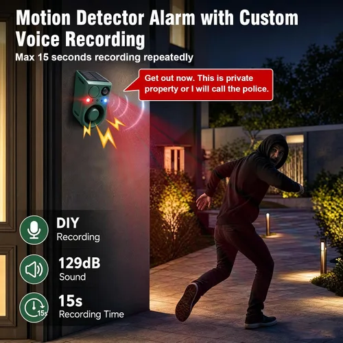 Miniatura 3 de ChunHee Alarma solar con sensor de movimiento para exteriores con control de 3 volúmenes y grabación de voz, alarma de ladridos de perro fuerte