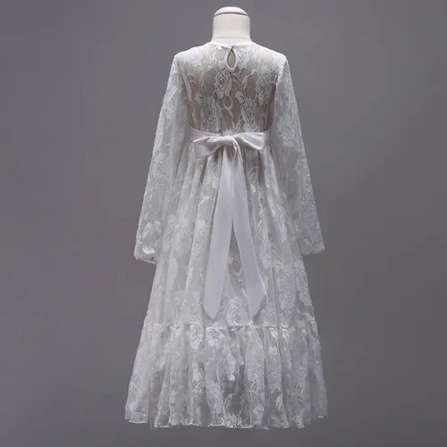 Miniatura 4 de Vestido de primera comunión con encaje blanco para niñas, boda, dama de honor, fiesta, bautizo, princesa, Aline, bohemio, rústico, baile, Blanco