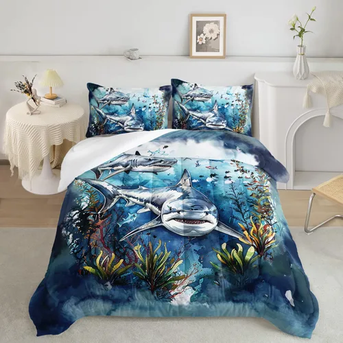 Miniatura 14 de AILONEN Lindo juego de edredón de ajolote tamaño Queen, 3 piezas para niños y niñas, ropa de cama en una bolsa, ropa de cama costera azul turquesa