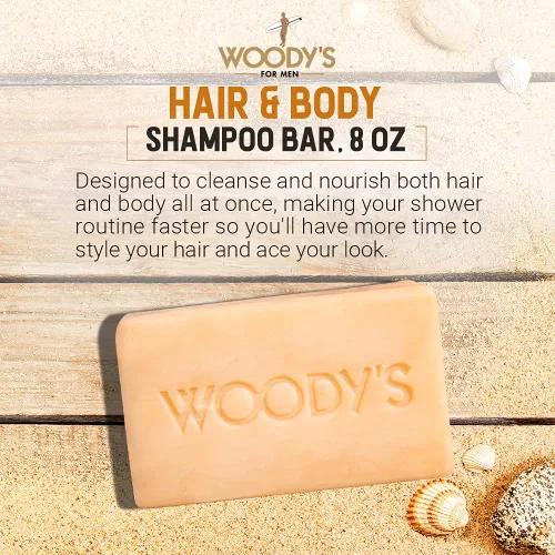 Miniatura 2 de Woody's Barra de champú 2 en 1 para hombre para cabello y cuerpo, fórmula rica y gruesa, acondiciona, nutre, hidrata, para todo tipo de piel, 8 onzas