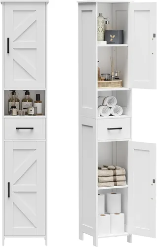 Miniatura 12 de HOMHEDY - Armario alto de 67 pulgadas con 2 puertas tipo granero, 1 cajón, estantes ajustables, unidad estrecha para baño, sala de estar, entrada