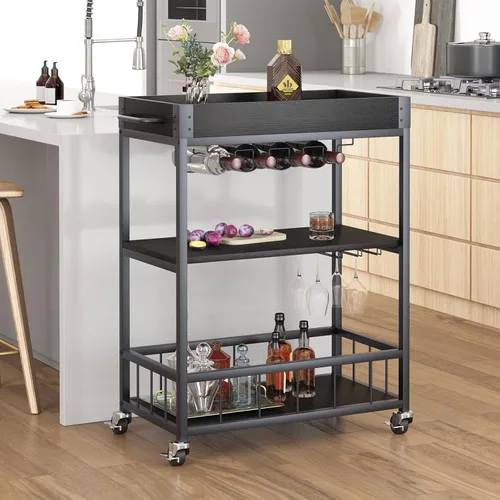 Miniatura 4 de Carro de servicio para bar con soporte para vino de 3 niveles, carrito móvil para el hogar, con ruedas, carrito de cocina industrial