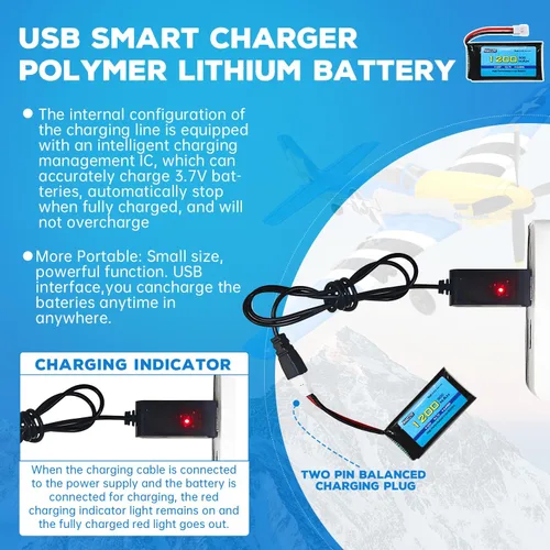Miniatura 4 de Batería Lipo de 3.7 V 1200 mAh 30C con cable de carga USB, enchufe Molex para SYMA X5SW X5SC X5SC-1 KY601S RC Drone Accesorios de batería de litio