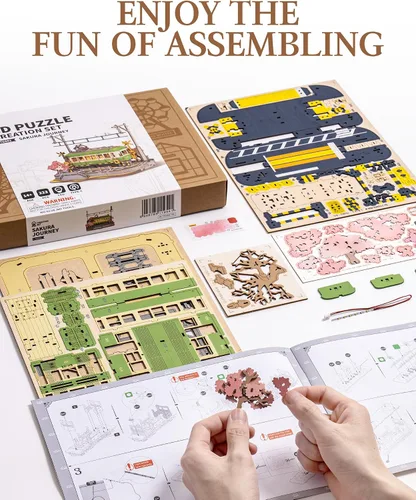 Miniatura 6 de Rompecabezas de madera 3D para adultos, Sakura Journey Tram, modelos de kits de coche para adultos, kits de manualidades de bricolaje, regalo