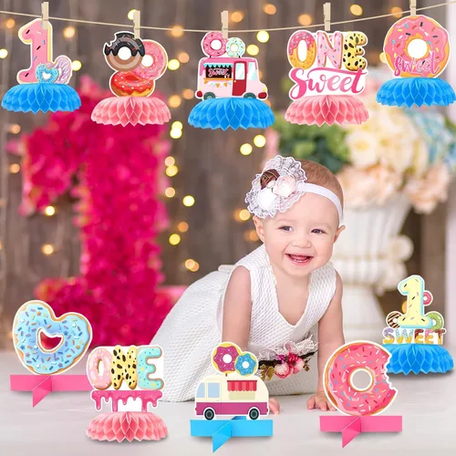 Miniatura 6 de 10 piezas de decoración de fiesta de cumpleaños de un año, primera mesa de donas, centros de mesa de panal de abeja, decoraciones de primer