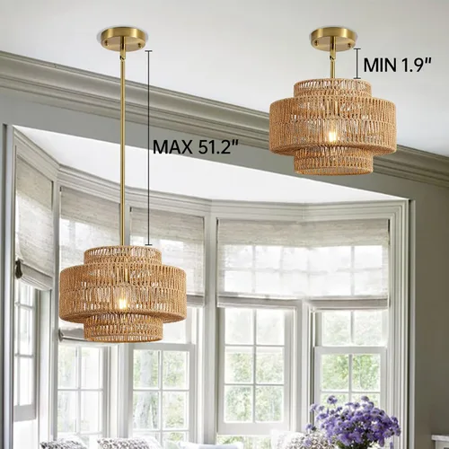 Miniatura 8 de 12.4” Candelabro de ratán boho, 1 luz, lámpara colgante tejida a mano, lámpara colgante rústica de estilo granja para isla de cocina, recámara