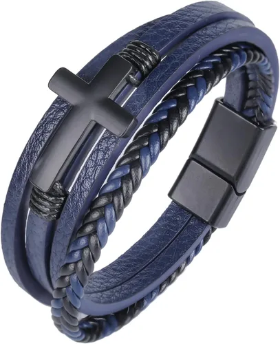 Miniatura 15 de Pulsera de cuero para hombre con cruz trenzada de varias capas con cierre de acero inoxidable, regalos religiosos cristianos para él