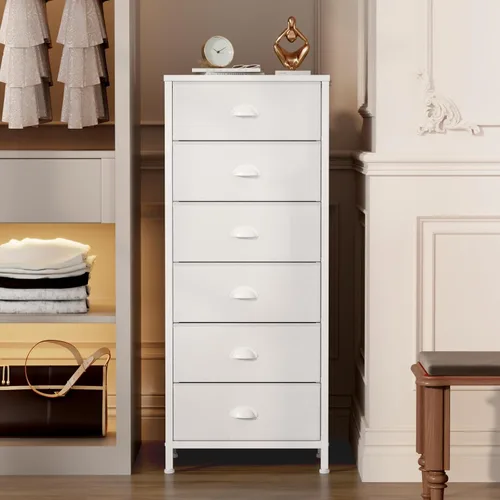 Miniatura 2 de Furnulem - Cómoda alta blanca para dormitorio, unidad de almacenamiento vertical y mesa auxiliar con 6 cajones de tela, mueble de mesita de noche