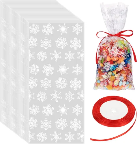 Boao 100 piezas de bolsas de celofán para golosinas de Navidad con copos de nieve, bolsa de dulces con cinta para suministros de fiesta de Navidad