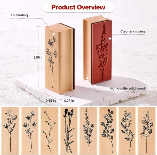 Miniatura 3 de 12 sellos de goma con almohadillas de tinta para manualidades, sellos de madera de flores y plantas con almohadillas de tinta para sellos, juego