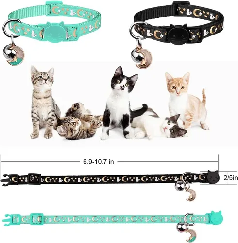 Miniatura 5 de Baeuppit 2 piezas de collares de gato separables con campana, lunas y estrellas. Lindos collares ajustables para gatitos con colgante que brillan