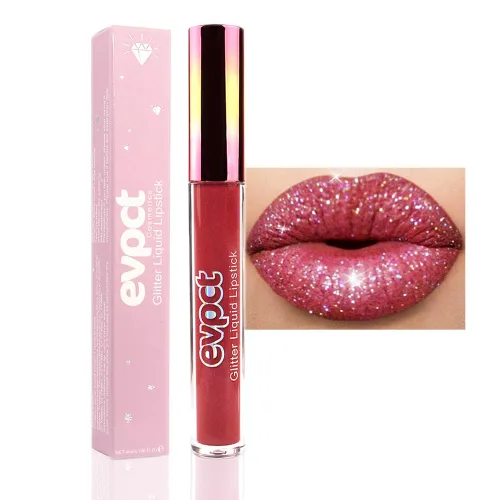 Miniatura 11 de evpct Juego de lápiz labial y brillo de labios 2 en 1 con purpurina color rosa nude metálico brillante para mujeres, de larga duración, impermeable