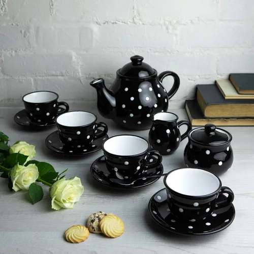 Juego de tetera de cerámica de lunares blancos y negros hechos a mano, tetera grande de 1,7 l/60 onzas, 4-6 tazas, jarra de leche, azucarero, juego