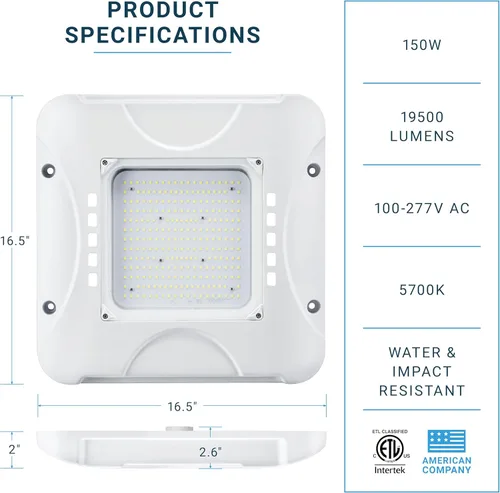 Miniatura 2 de Parmida - Luz LED para toldo, 150 W, 0-10 V regulable, 100-277 VAC, IP65 impermeable, ETL, luz de tienda, 5700 K, 16.5 x 16.5 pulgadas, gasolinera