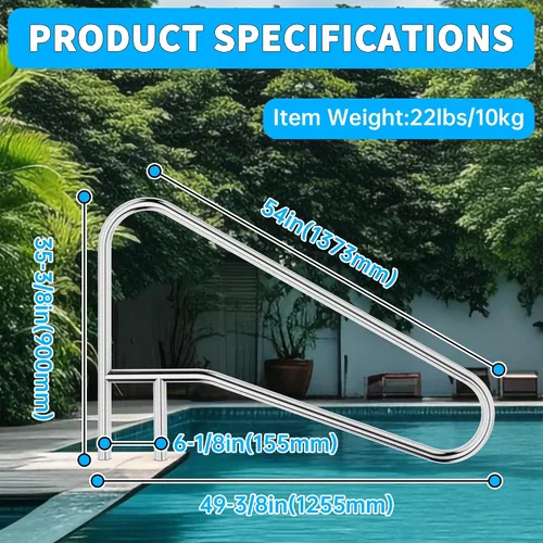 Miniatura 6 de ECOTRIC Pasamanos de piscina Riel de escalera de piscina 49-3/8 "X35-3/8 304 de acero inoxidable montado en cubierta cruzada soporte 300Lbs