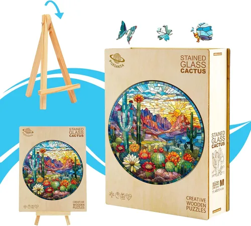 Miniatura 7 de Rompecabezas de madera para adultos, rompecabezas de madera de cactus vitrales para adultos, 300 piezas, rompecabezas de madera colorida para Planta