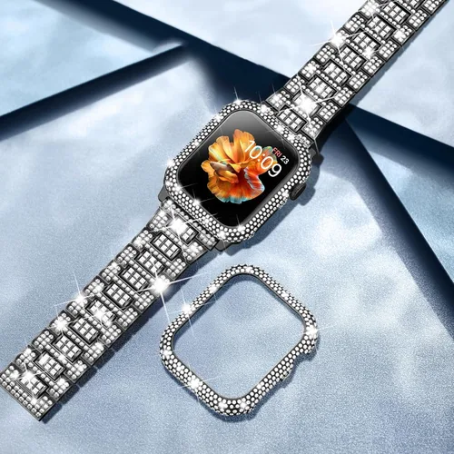 Miniatura 6 de Mosonio Compatible con correas brillantes para Apple Watch de 40/44/41/45/42/1.811 in con caja de metal brillante, bandas de diamantes de lujo