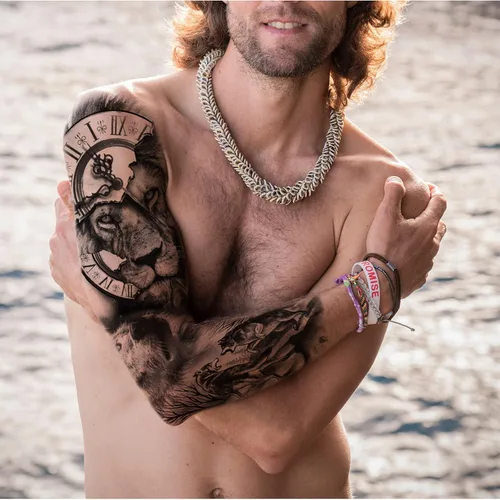 Miniatura 6 de Manga de Tatuaje Temporal de León y Leopardo para Hombres y Mujeres, Manga Completa Grande de Bosque Negro Lobo Tribal, Tatuajes Falsos de Duración