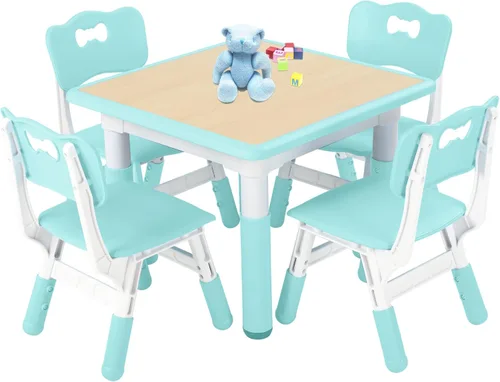 FUNLIO Juego de mesa y 4 sillas para niños, juego de mesa y sillas ajustables en altura para niños de 3 a 8 años, mesa fácil de limpiar para Verde