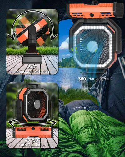 Miniatura 5 de ADUST Ventilador de campamento de 12 pulgadas, funciona con pilas, con linterna LED, ventilador oscilante portátil recargable de 44000 mAh