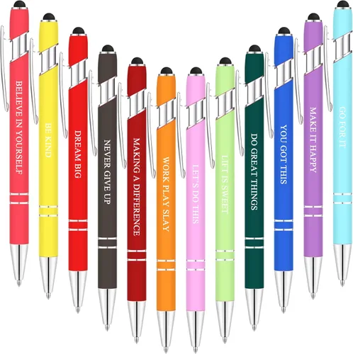 Zonon 12 piezas de bolígrafos inspiradores a granel, divertidos bolígrafos de bola con punta estilo lápiz táctil, regalos motivacionales para el Día