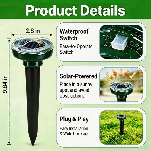 Miniatura 5 de Repelente de topos alimentado por energía solar, disuasorio ultrasónico para patio, césped y jardín, repele serpientes, conejo, tofa, ardilla