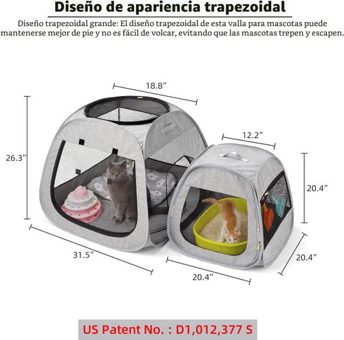 Miniatura 2 de Tenrai Corralito Portátil para Gatos, Diseño Trapezoidal para Mejor Estabilidad, Carpa Plegable para Mascotas para Uso Interior y Exterior