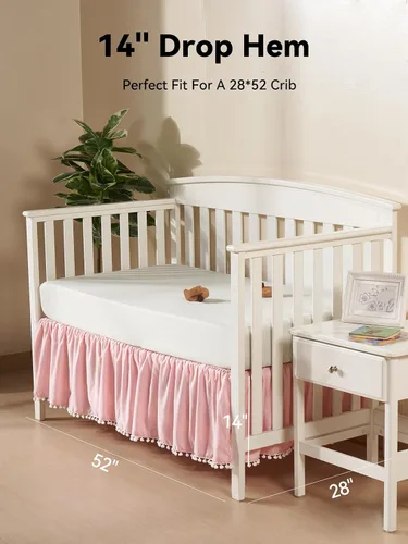 Miniatura 3 de TILLYOU Falda de cuna de bebé para niñas y niños, falda de cama con volantes con pompones, 28 x 52 pulgadas, caída de 14 pulgadas, rosa