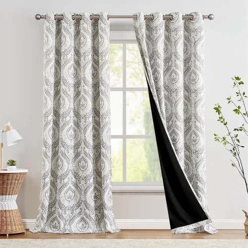 Miniatura 34 de jinchan Cortinas opacas de 90 pulgadas de largo, 2 paneles de medallón de damasco azul, cortinas de ventana para dormitorio, con ojales, aislamiento